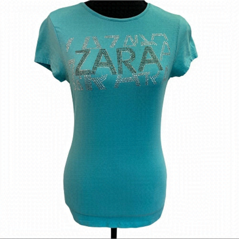 Zara blue short sleeve embellished front logo stretchy fitted t-shirt size M
